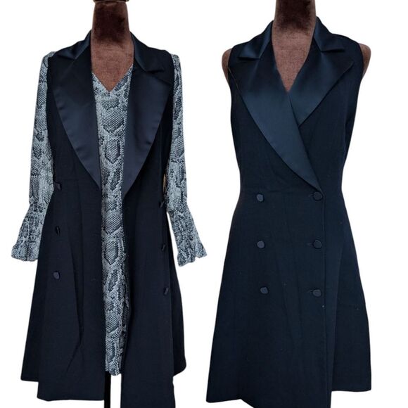 Anne Klein Black Double-Breasted Tuxedo  Dress with Satin Lapels Sz S - Picture 1 of 11